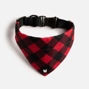 Poplin Bandana Dog Collar Red Plaid | Adjustable with Metal Buckle